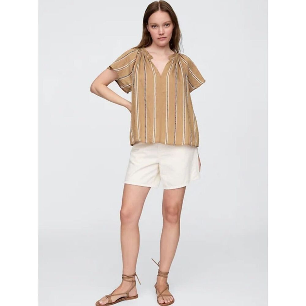 GAP M Brown Blue White Stripe Split Ruffle Neck Raglan Short Sleeve Top